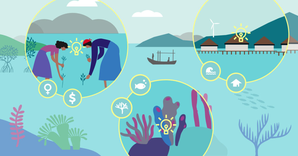 Illustration of coral reef, women fishers and a coastal village