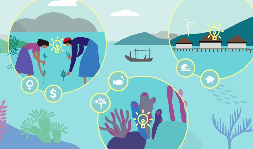 Illustration of coral reef, women fishers and a coastal village