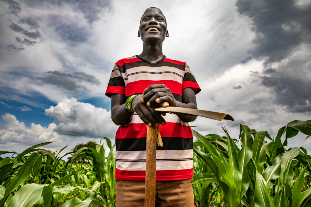 Image of a man standing in his field of drought resistant maize in Uganda.